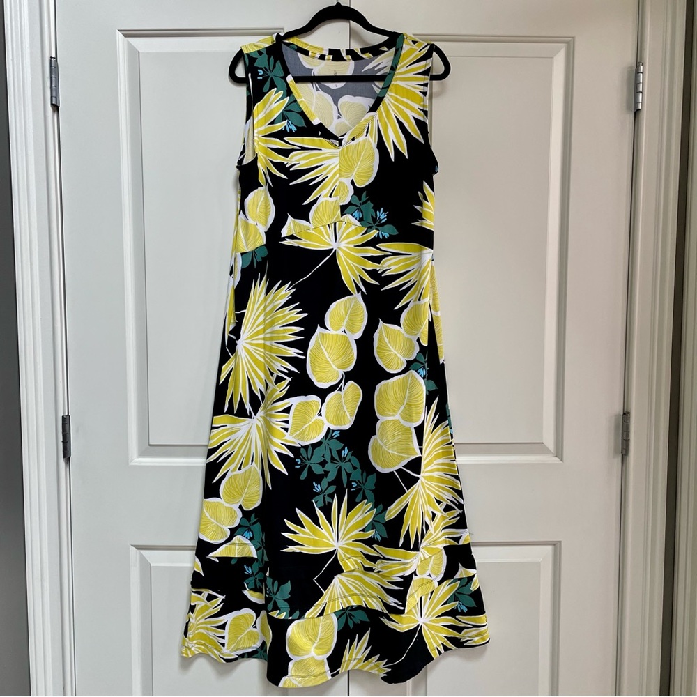 Cuddl Duds Black Maxi Dress with Yellow & Teal Tropical Print